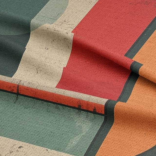 Teal and orange distressed upholstery fabric with bold vintage blocks