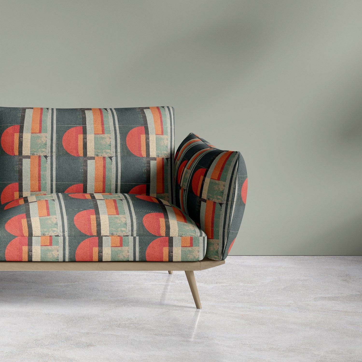 Modern accent chairs upholstered in teal geometric upholstery fabric