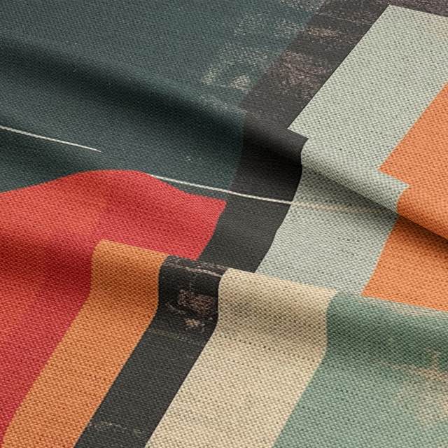 Upholstery fabric with teal, orange, and stone Bauhaus-style blocks