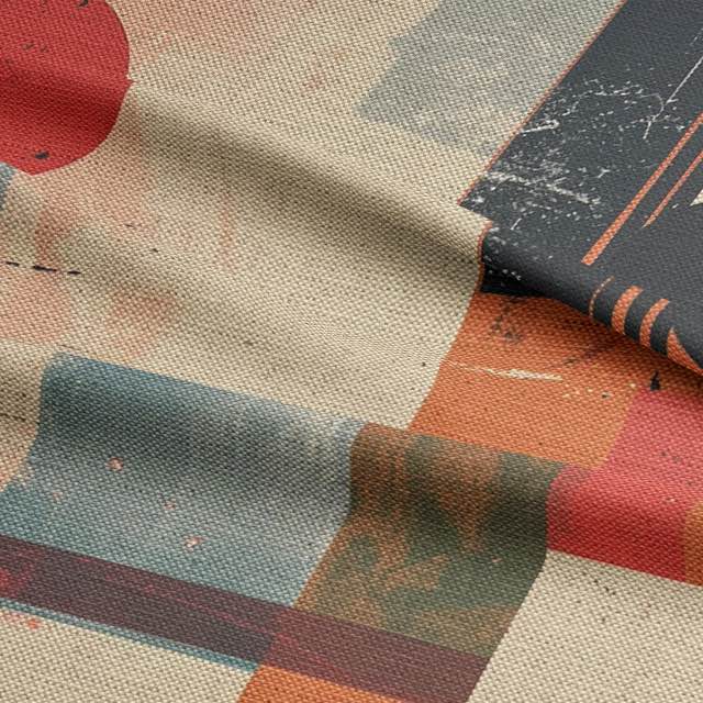 Close-up of artistic upholstery fabric showing faded texture and layered circles