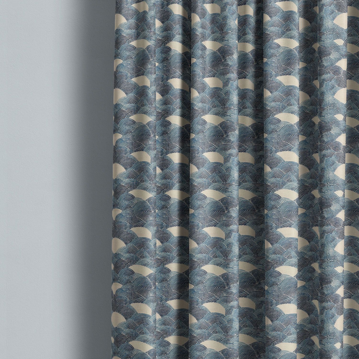 Texture No.10 blue linen curtain fabric hanging in soft folds showing rhythmic wave-inspired pattern with subtle tonal blue variation