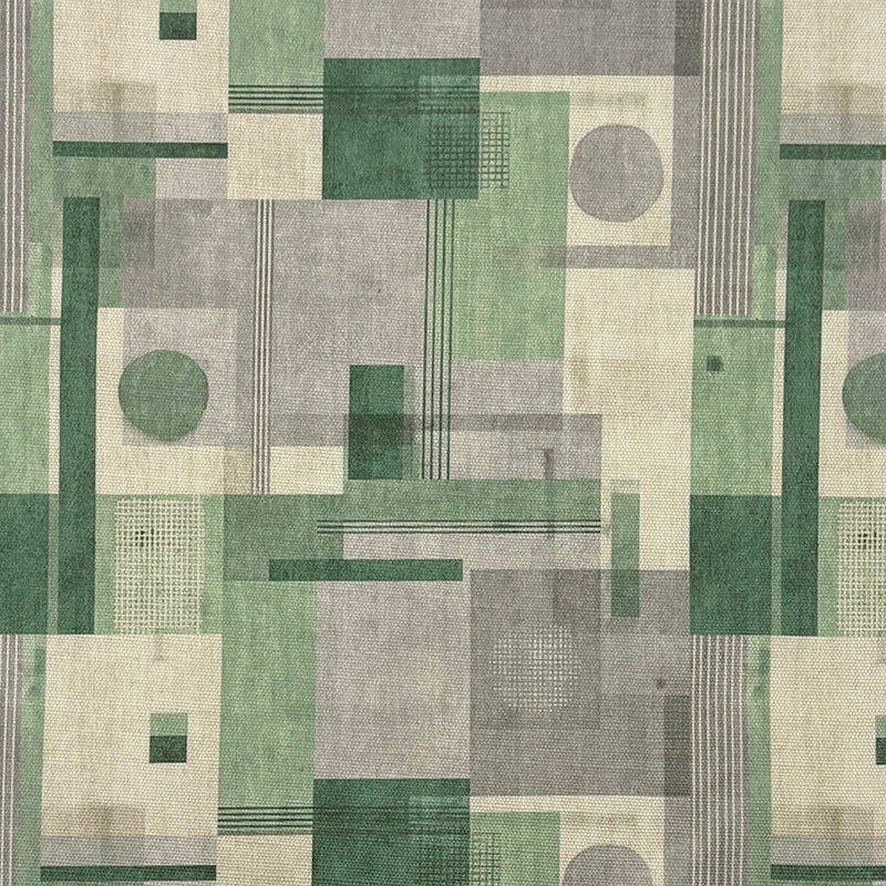 green linen curtain fabric Texture No.11 with geometric block pattern in sage green, grey and natural linen tones