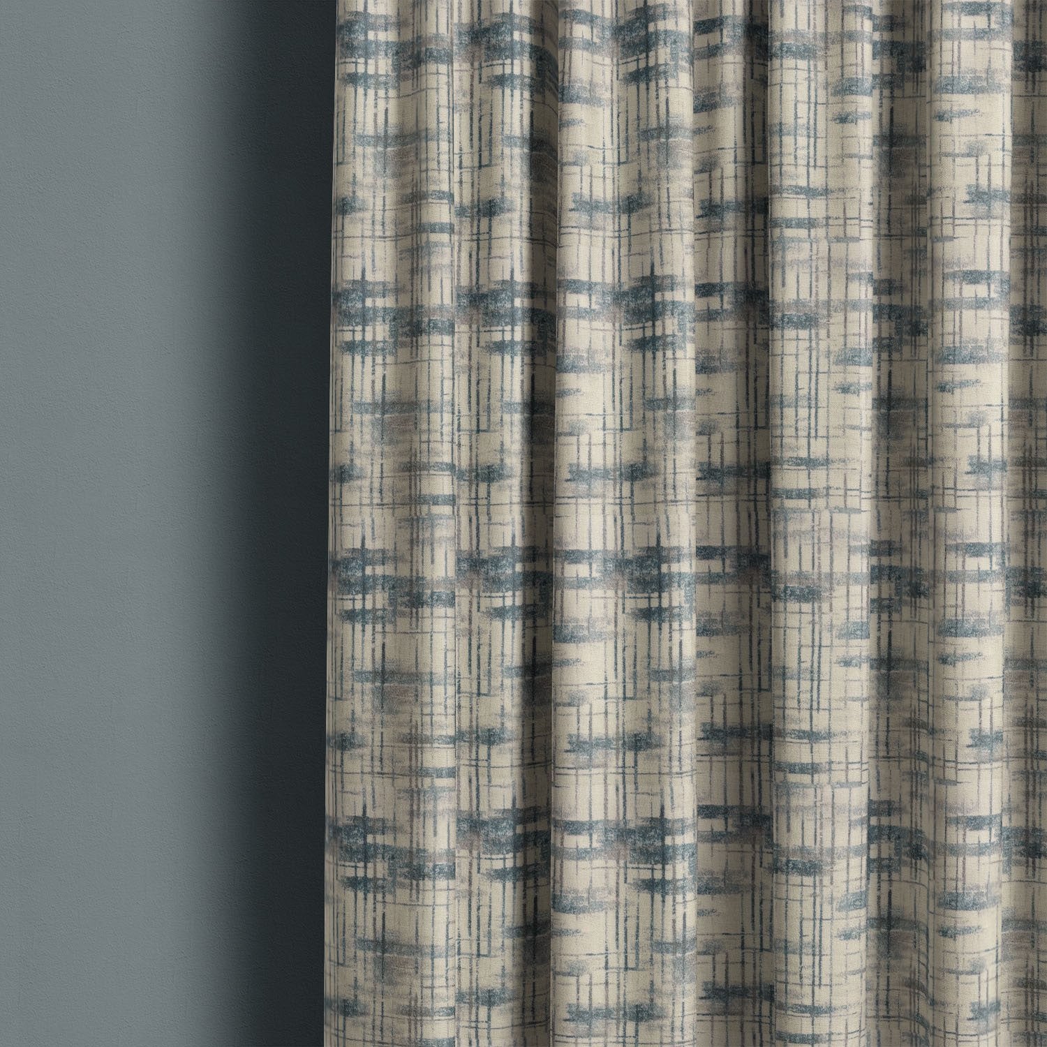 Texture No.1 blue linen curtain fabric hanging in soft folds showing layered linear texture pattern with subtle distressed detailing