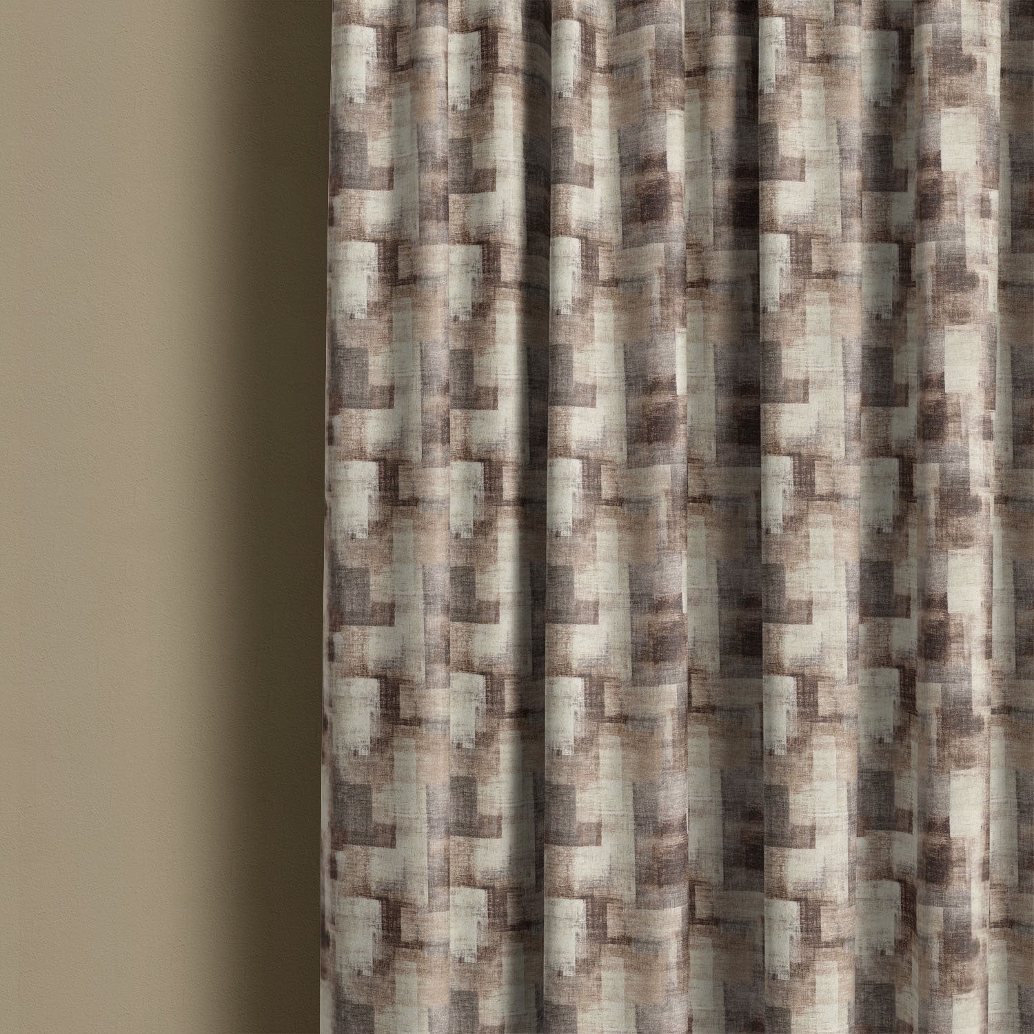 Texture No.4 brown linen curtain fabric in soft folds showing structured abstract rectangular design in earthy neutral tones