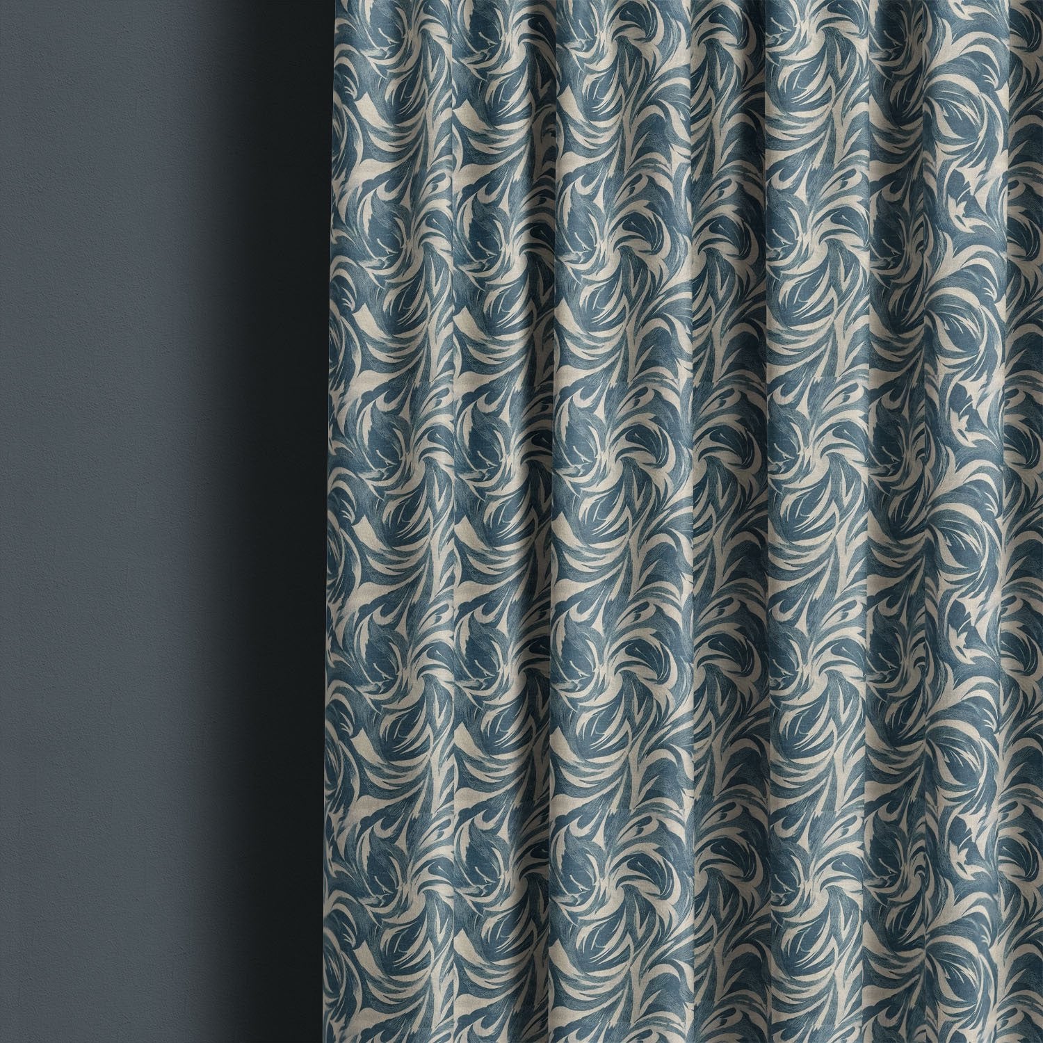 Texture No.6 blue linen curtain fabric hanging in soft folds showing organic swirling pattern with layered brushstroke detailing