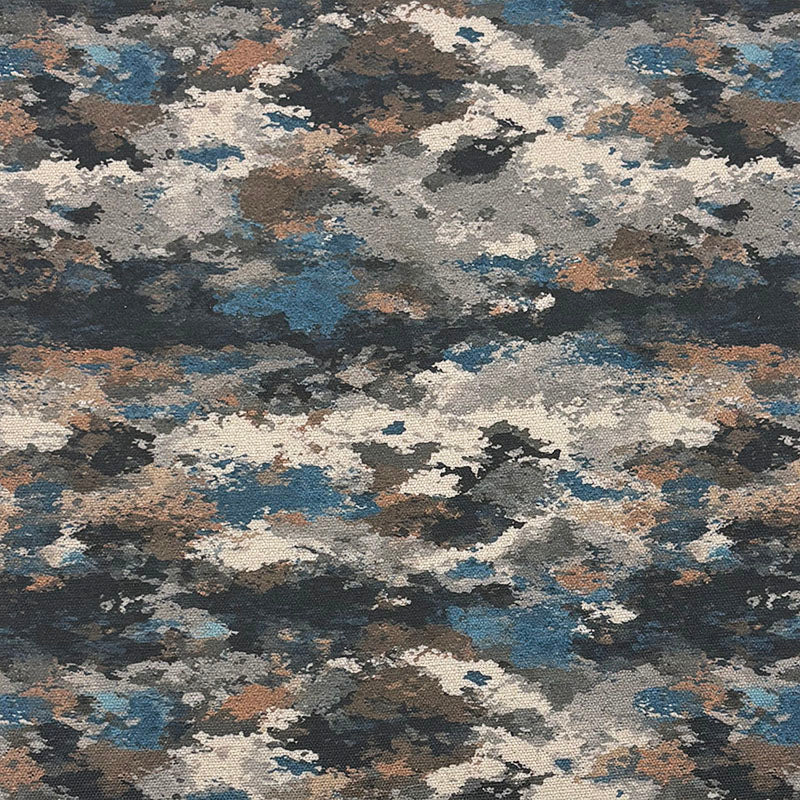 blue upholstery fabric Texture No.9 with layered abstract pattern in navy, slate and neutral tones creating a soft painterly textured effect