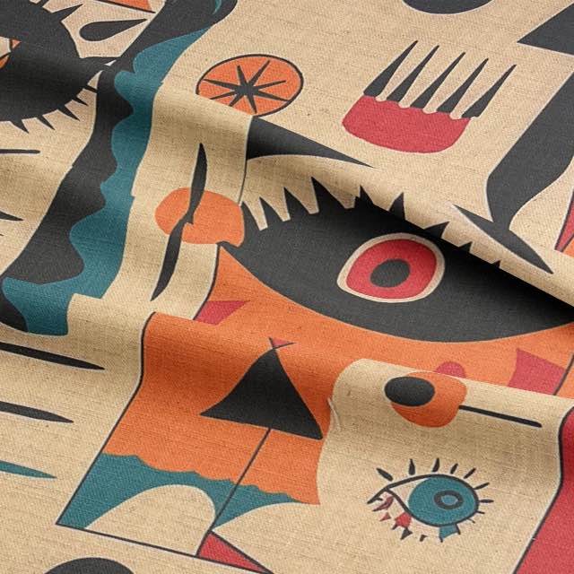 Close-up of textured upholstery fabric with teal, black, and terracotta forms