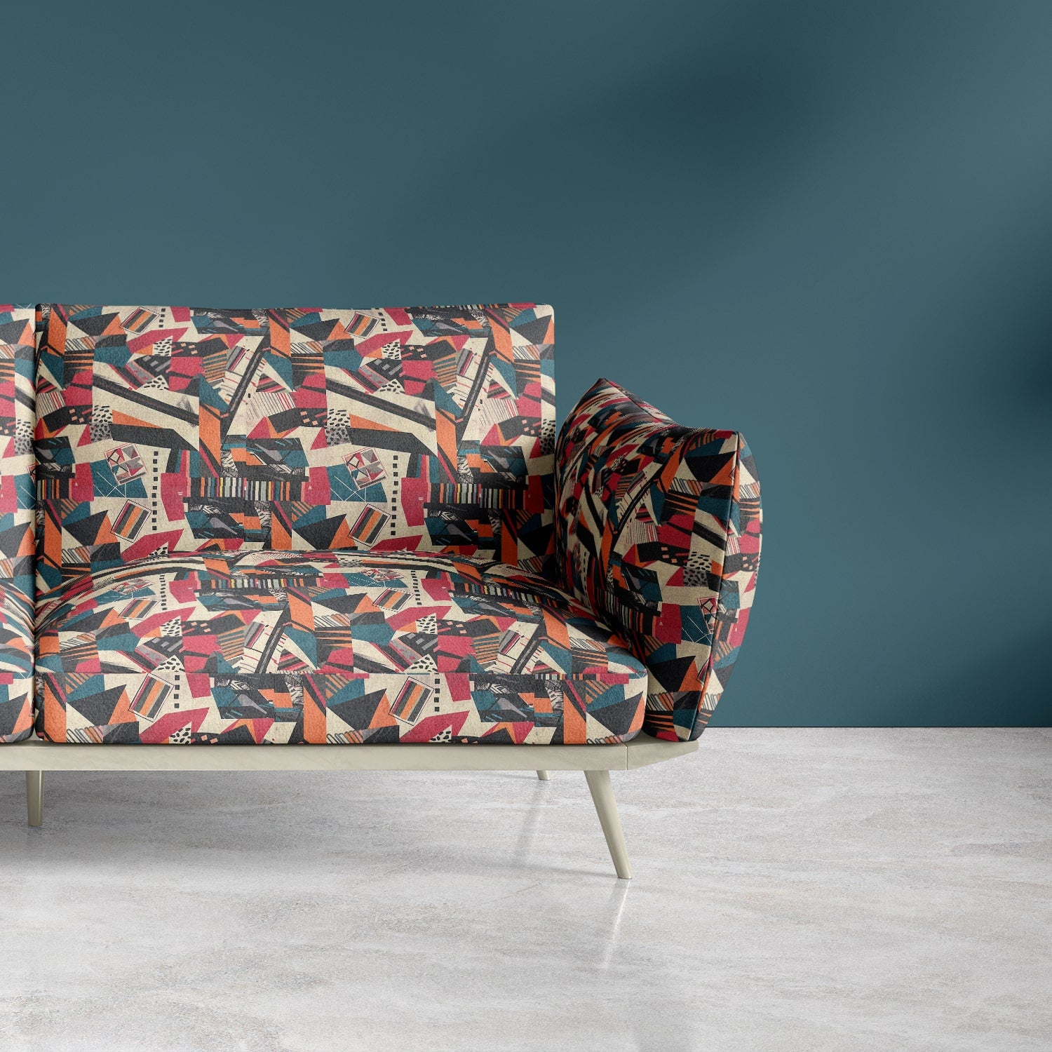 Shell chair upholstered in colourful abstract tribal upholstery fabric
