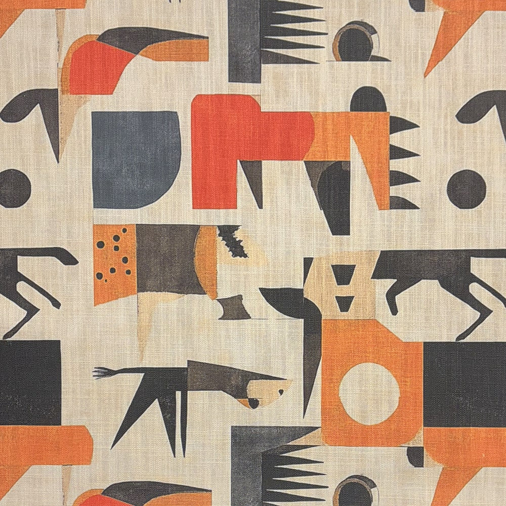 Beige tribal upholstery fabric with stylised animal motifs – Tribute No.5 flat lay