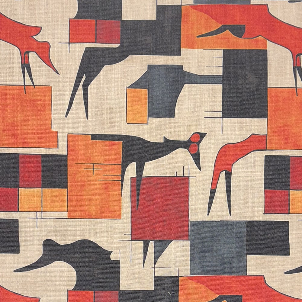 Red tribal-inspired upholstery fabric with abstract animal silhouettes – Tribute No.6 flat lay
