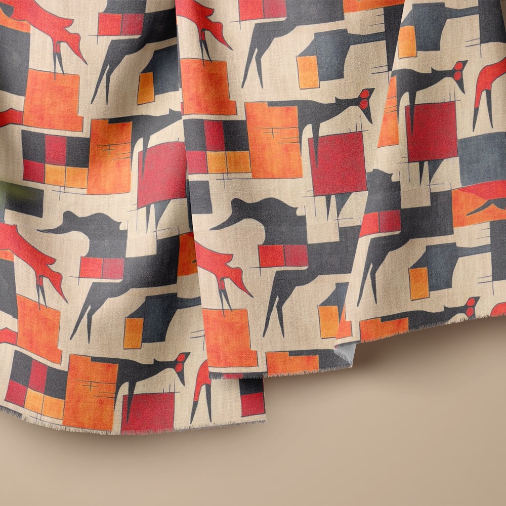 Statement upholstery fabric with red animals used for modern curtain styling