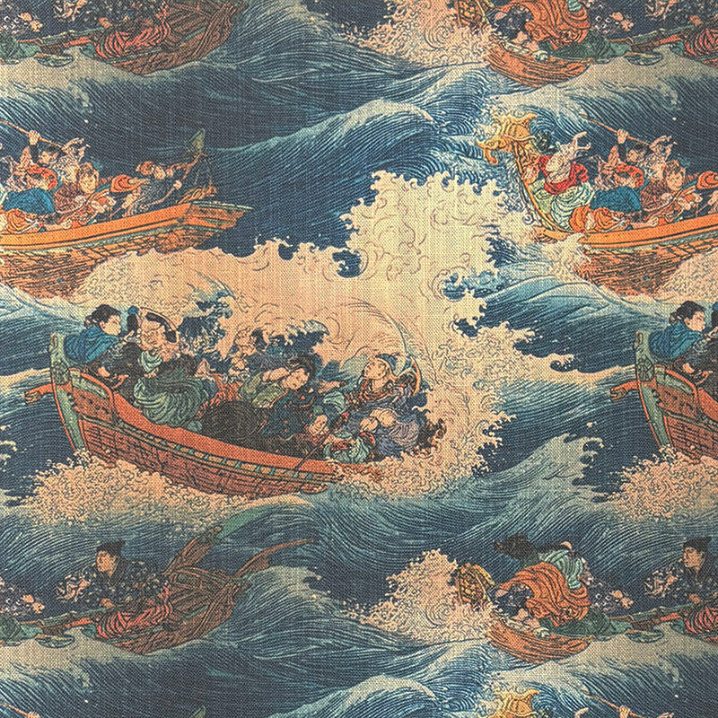 Japanese style upholstery fabric featuring traditional fishing boats battling dramatic ocean waves in blue, cream and terracotta tones