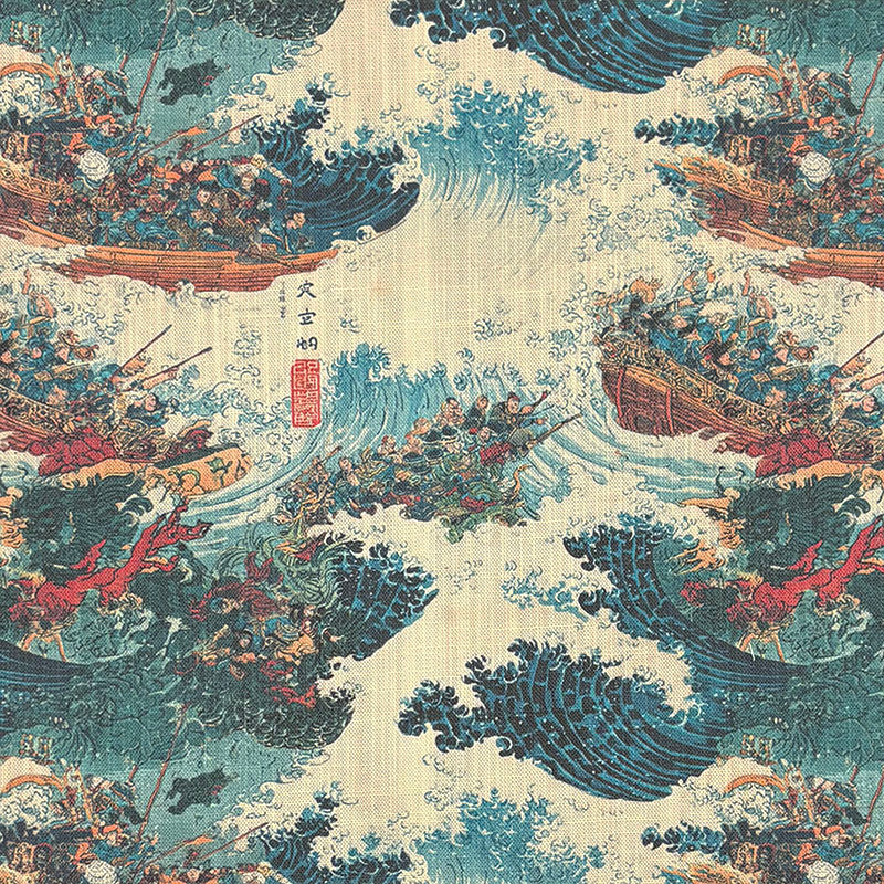 Japanese style upholstery fabric featuring traditional boats, dramatic ocean waves and detailed Ukiyo-e inspired maritime artwork in blue and ivory tones