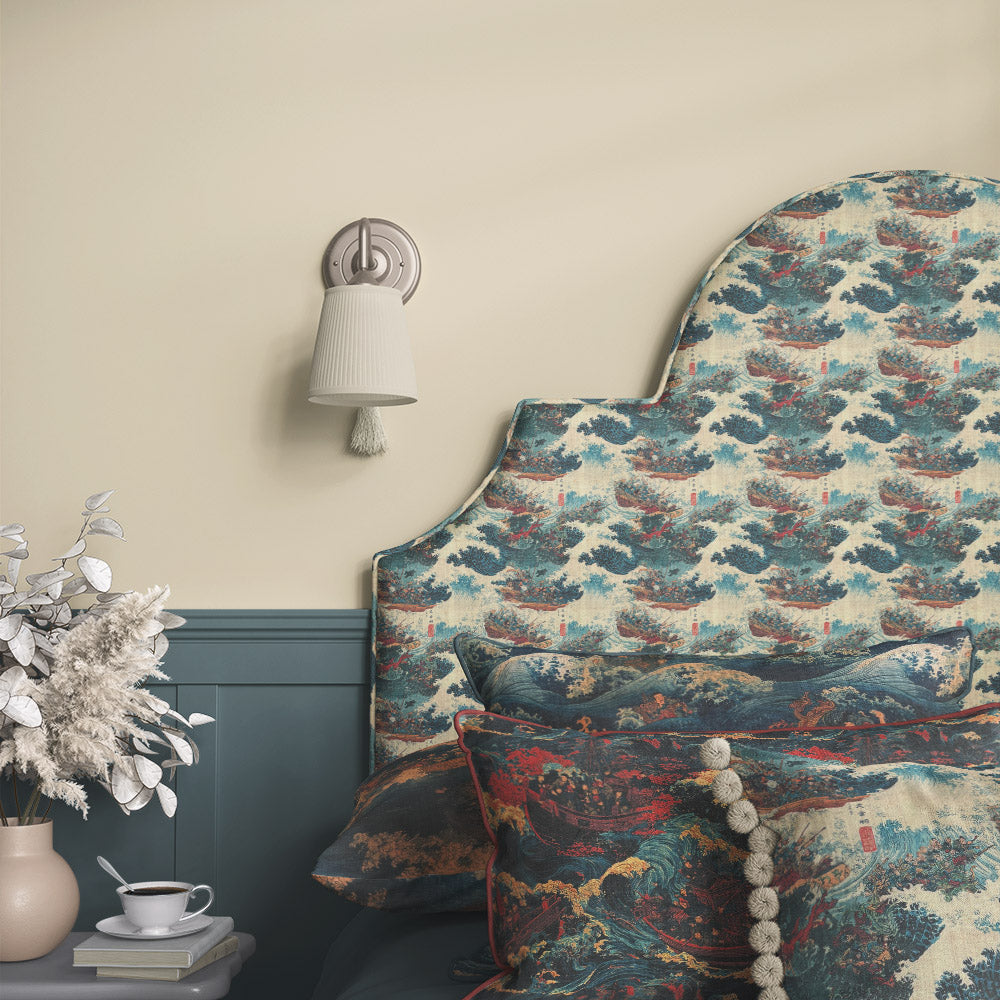 Ukiyo No.3 Japanese style upholstery fabric displayed on upholstered headboard with traditional wave design, sailing vessels and coastal artwork