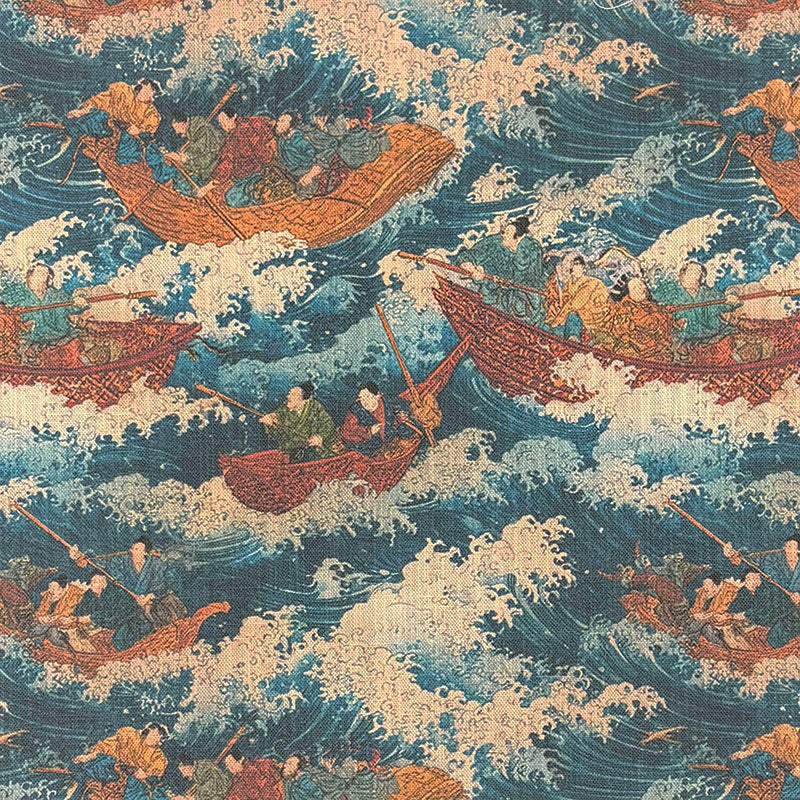 Japanese style upholstery fabric featuring traditional fishing boats, foaming ocean waves and decorative Ukiyo-e inspired maritime artwork in blue and terracotta tones