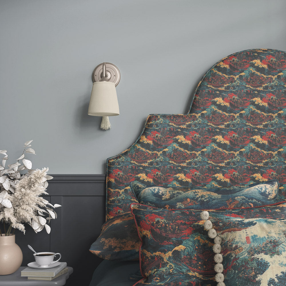 Ukiyo No.5 Japanese style upholstery fabric displayed on upholstered headboard with traditional boats, rolling waves and dramatic coastal artwork