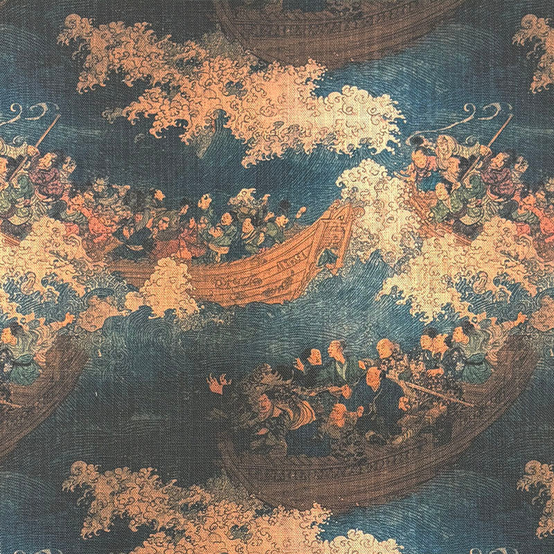 Japanese style upholstery fabric featuring traditional sailing vessels, dramatic ocean waves and historic Ukiyo-e inspired maritime artwork in navy blue and antique gold tones