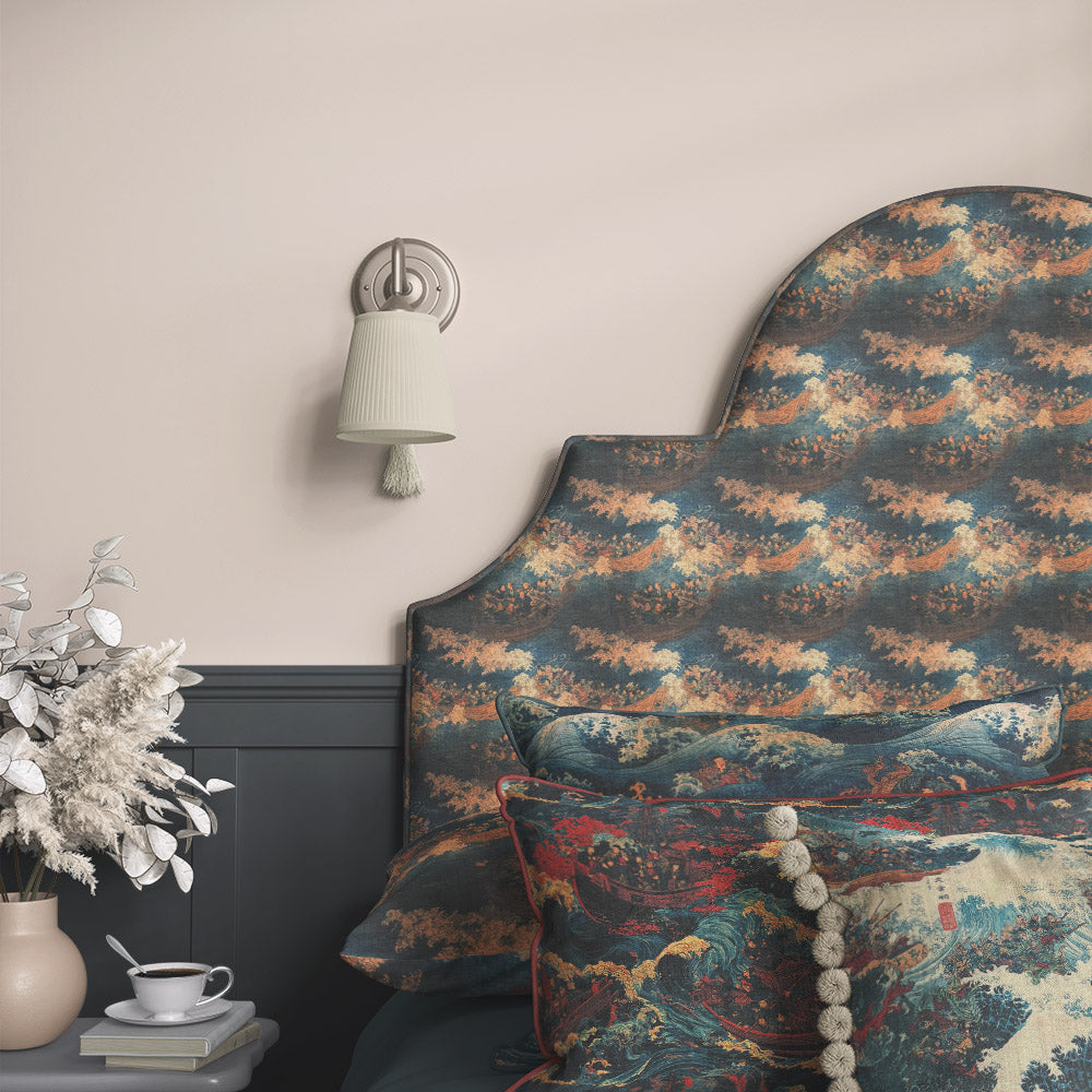 Ukiyo No.6 Japanese style upholstery fabric displayed on upholstered headboard with traditional boats, rolling sea waves and decorative maritime design