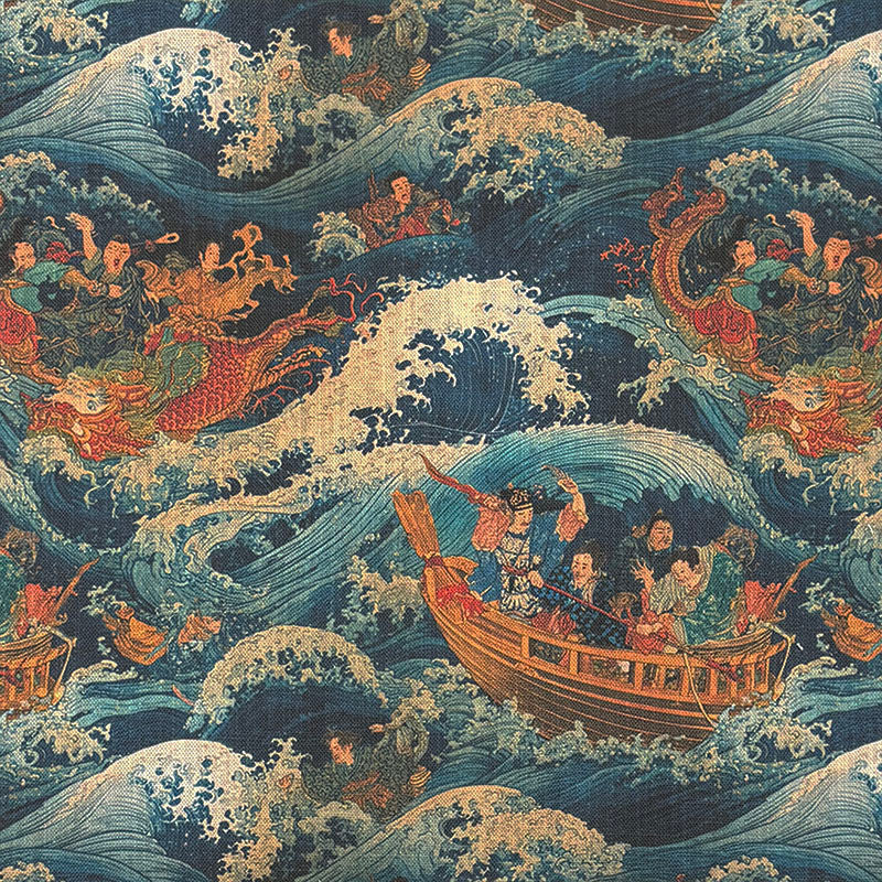 Japanese style upholstery fabric featuring mythical sea creatures, traditional boats and dramatic ocean waves in blue, gold and coral tones