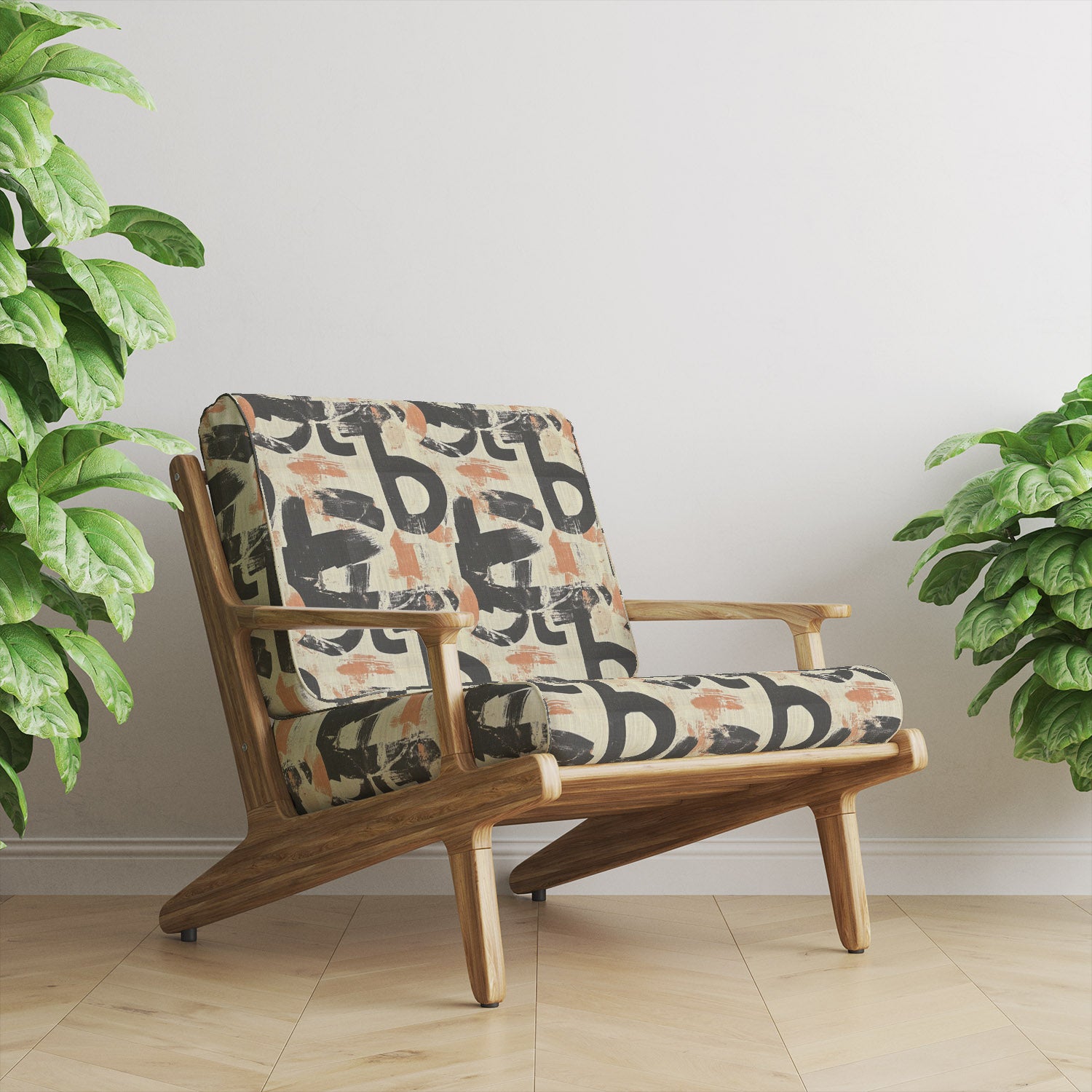 Statement upholstery fabric armchair featuring graphic black brushstroke design with warm terracotta tones in a modern interior