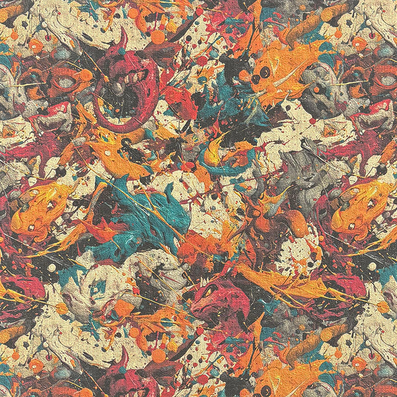 Statement upholstery fabric with layered multicoloured abstract paint splatter pattern in orange, red, teal and neutral tones on a textured base