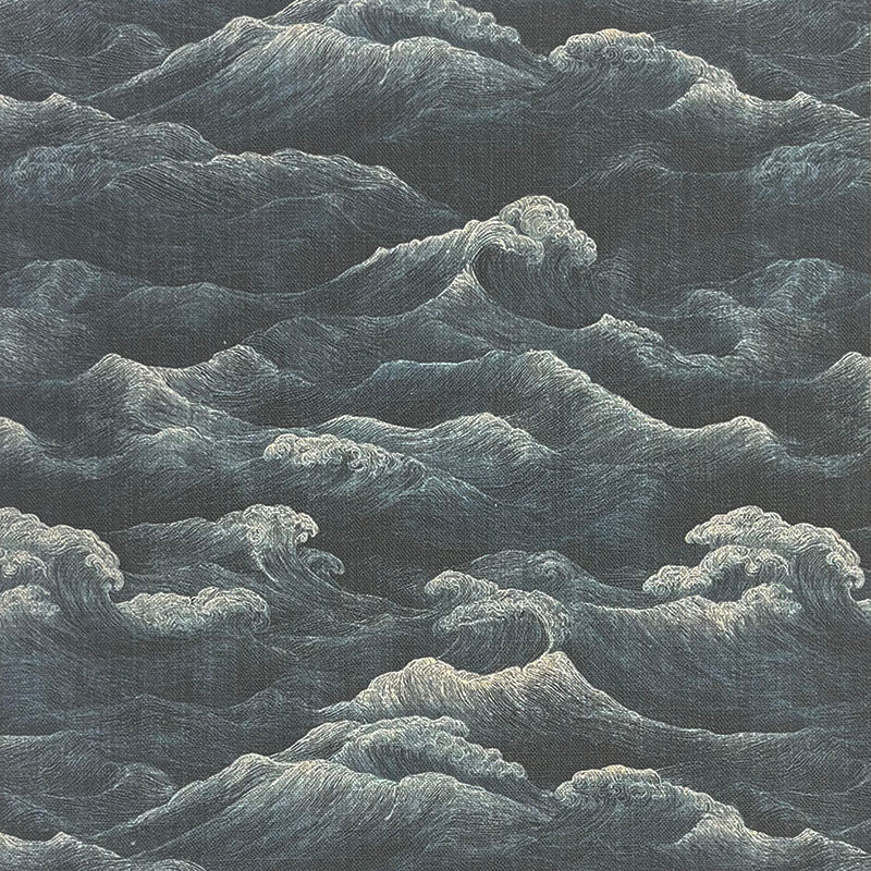 Waves No.5 deep blue coastal wave curtain fabric flat image with moody layered printed movement