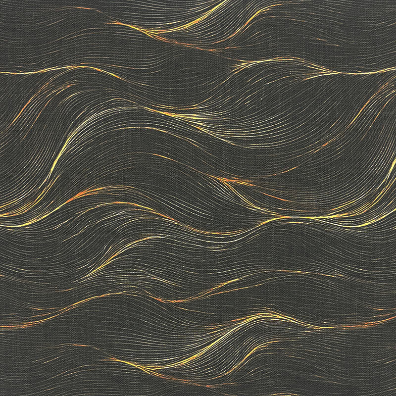 Waves No.9 black and gold coastal wave curtain fabric flat image with abstract flowing linework