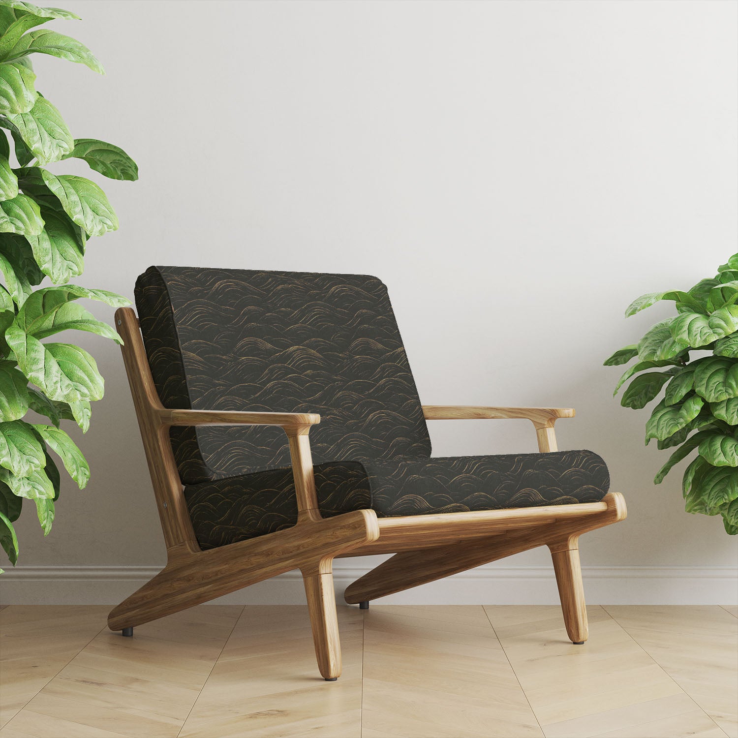 Black and gold wave upholstery fabric armchair with soft flowing pattern in a modern neutral interior