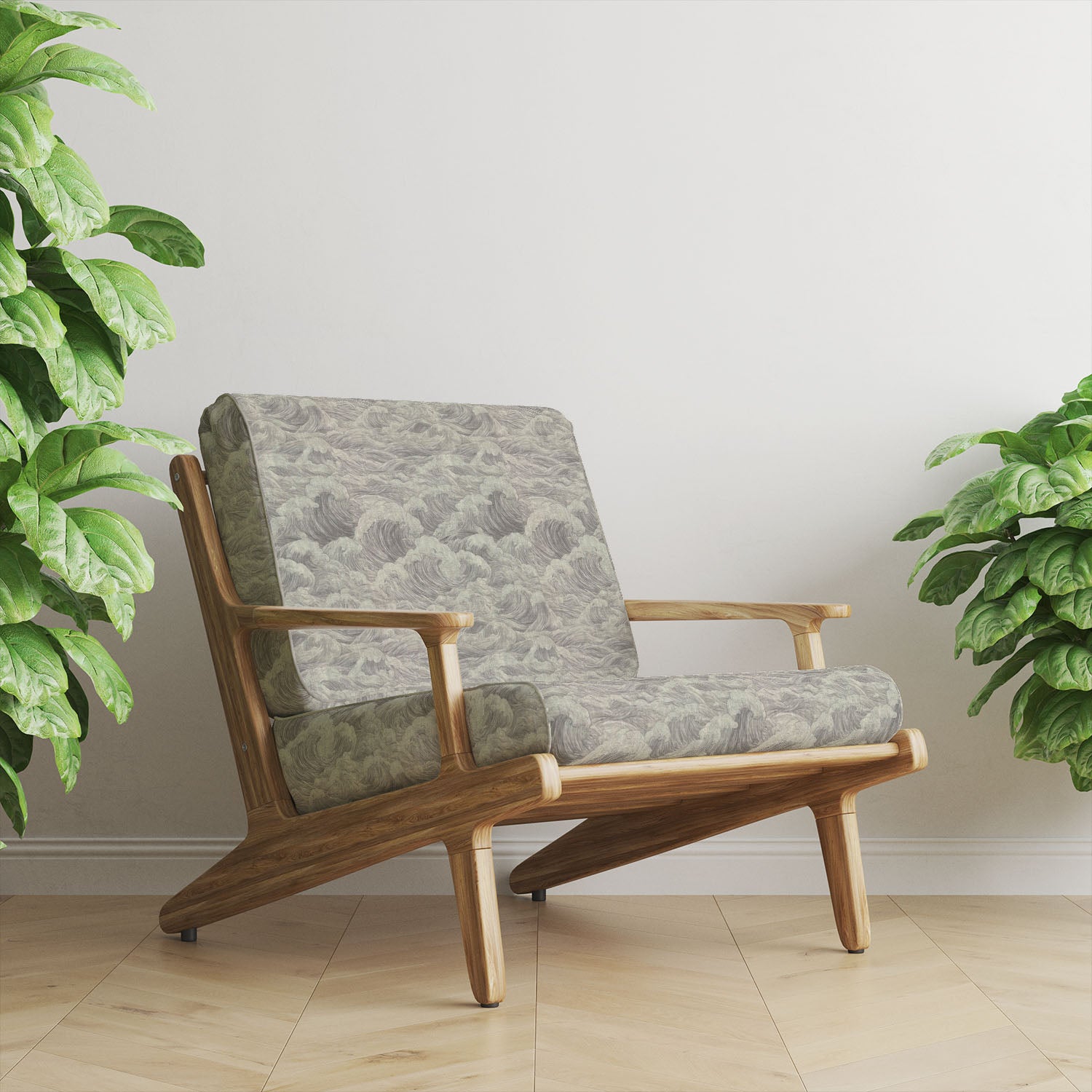 Waves No.1 upholstery fabric on armchair showing flowing wave pattern in muted grey tones with natural wood frame