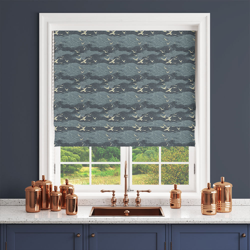 Waves No.4 blue coastal curtain fabric shown as a blind with subtle seabird and wave detail