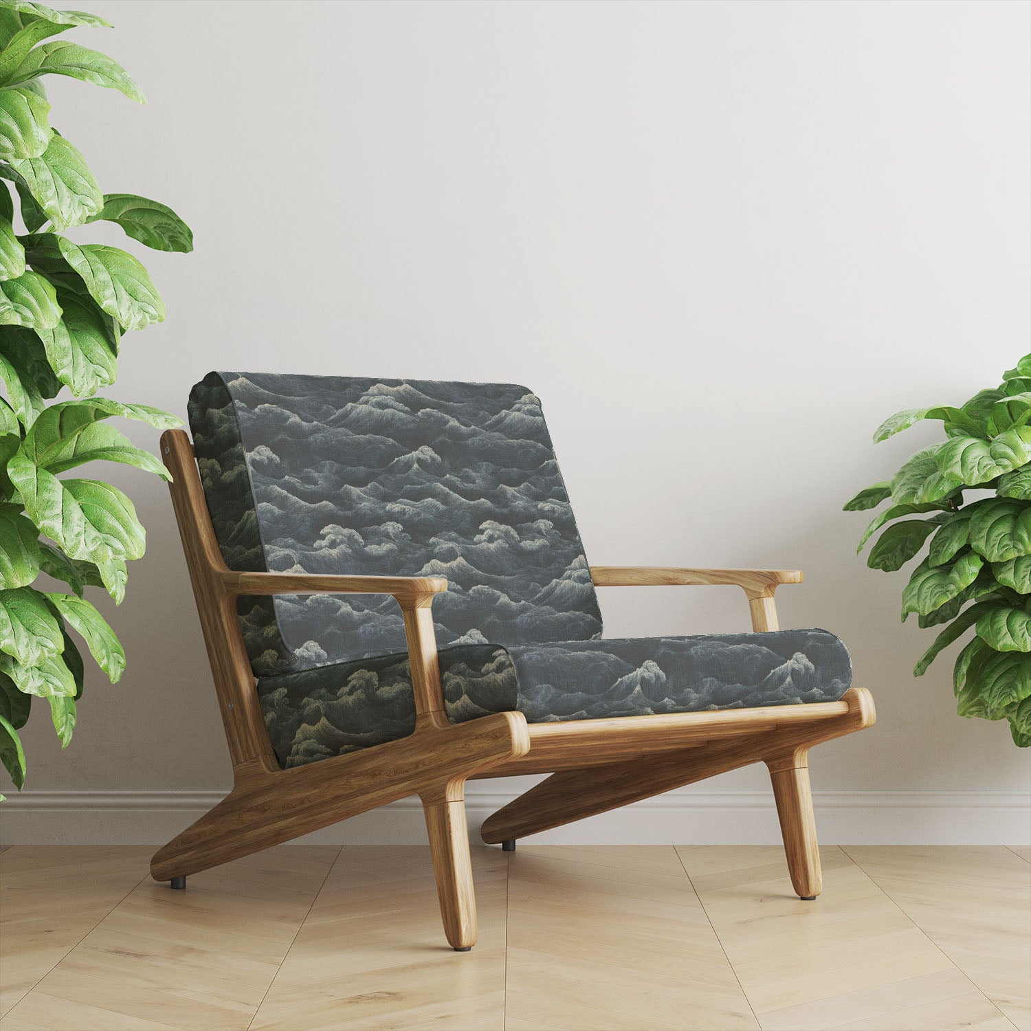 Waves No.5 upholstery fabric on armchair featuring moody layered wave design in dark blue shades