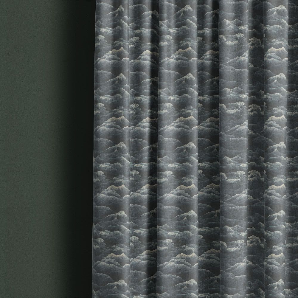 Waves No.5 dark blue wave curtain fabric styled as full length curtains for a luxury interior