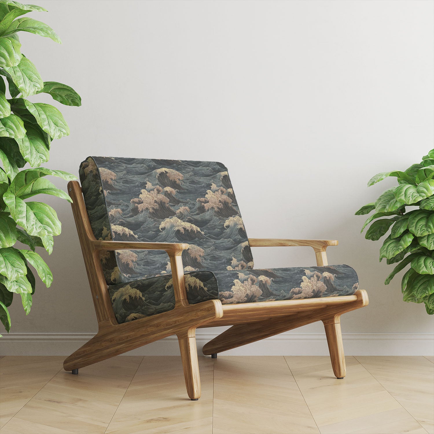Blue wave upholstery fabric armchair with dramatic ocean pattern in a modern interior with natural wood frame