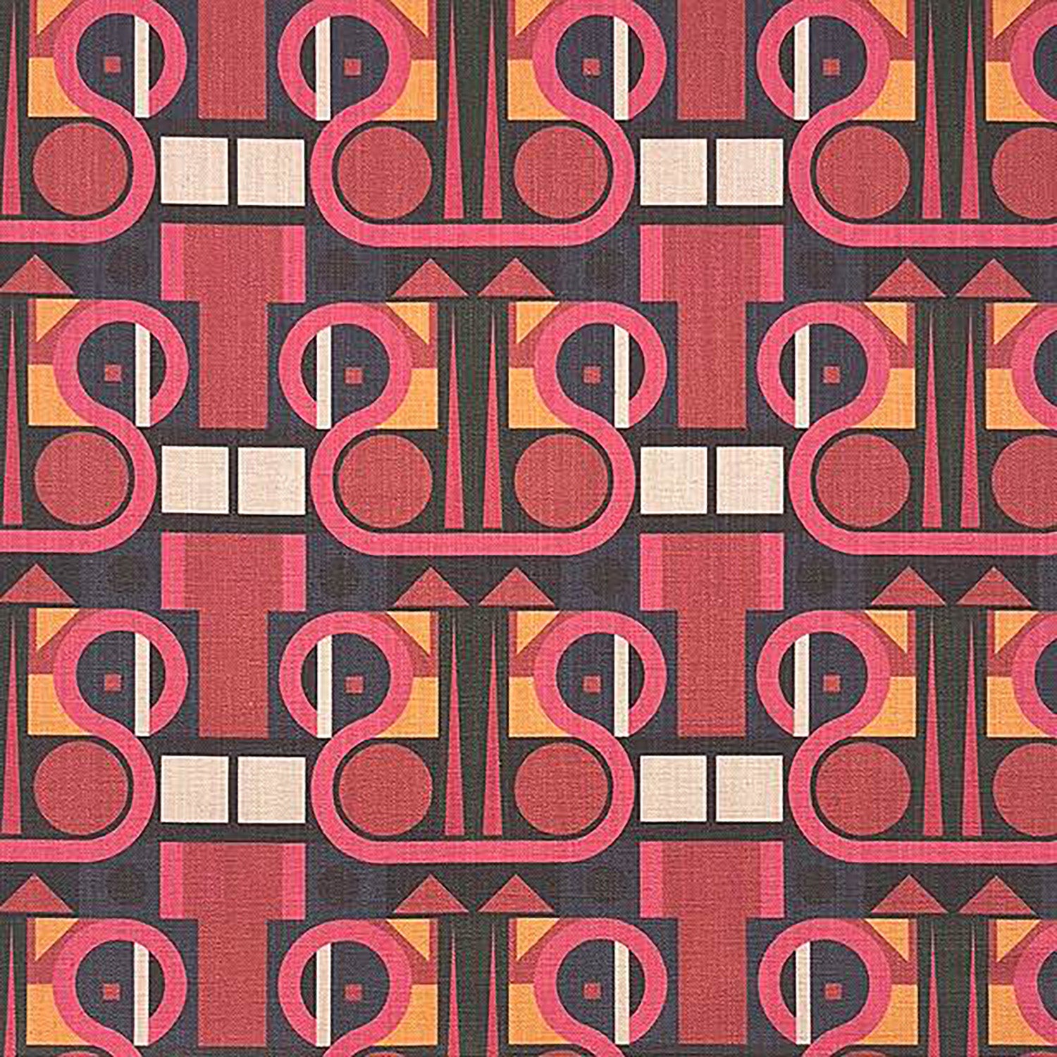 Flat lay of red Bauhaus upholstery fabric with curved graphic pattern