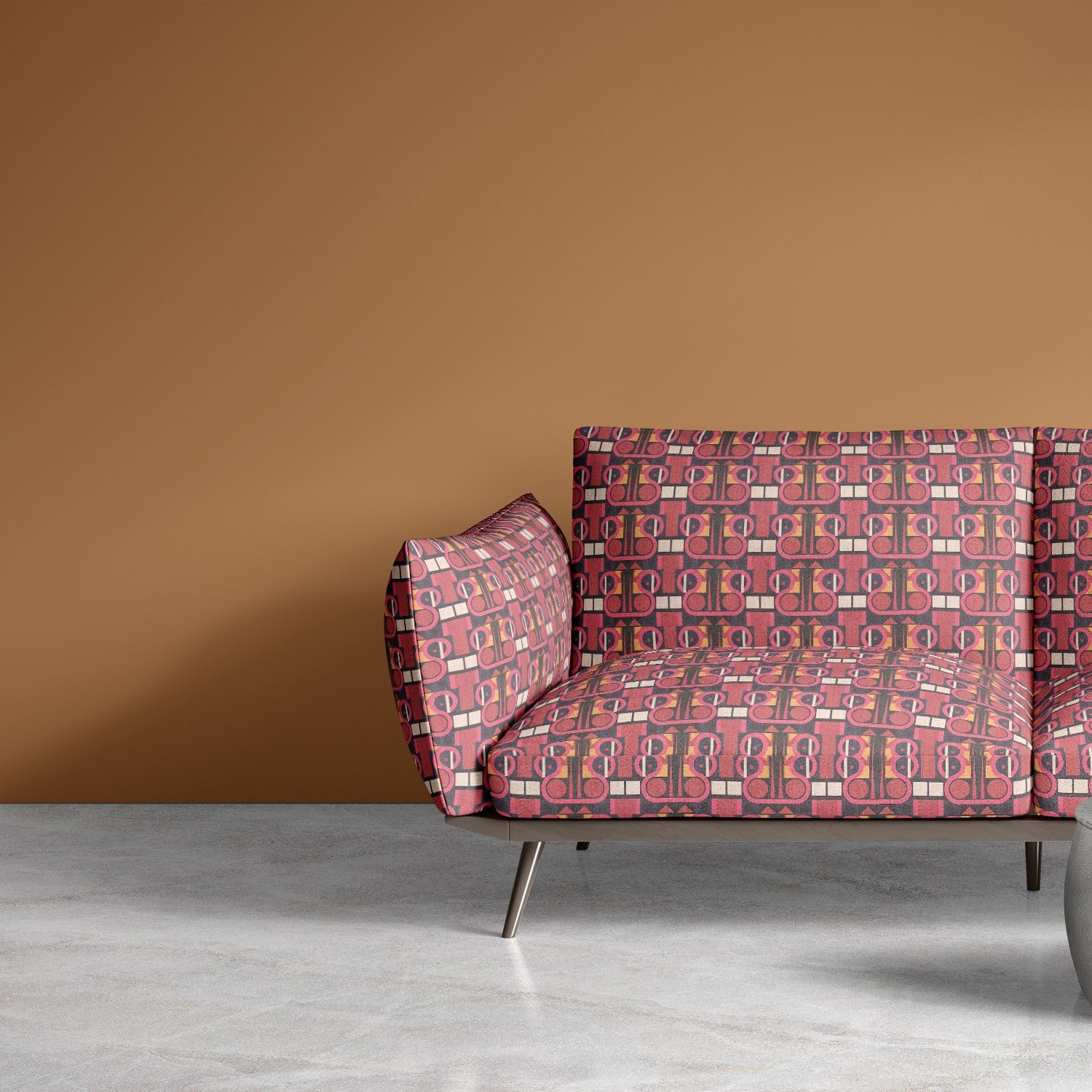 Armchair upholstered in Weimar No.10 fabric with red and peach tones