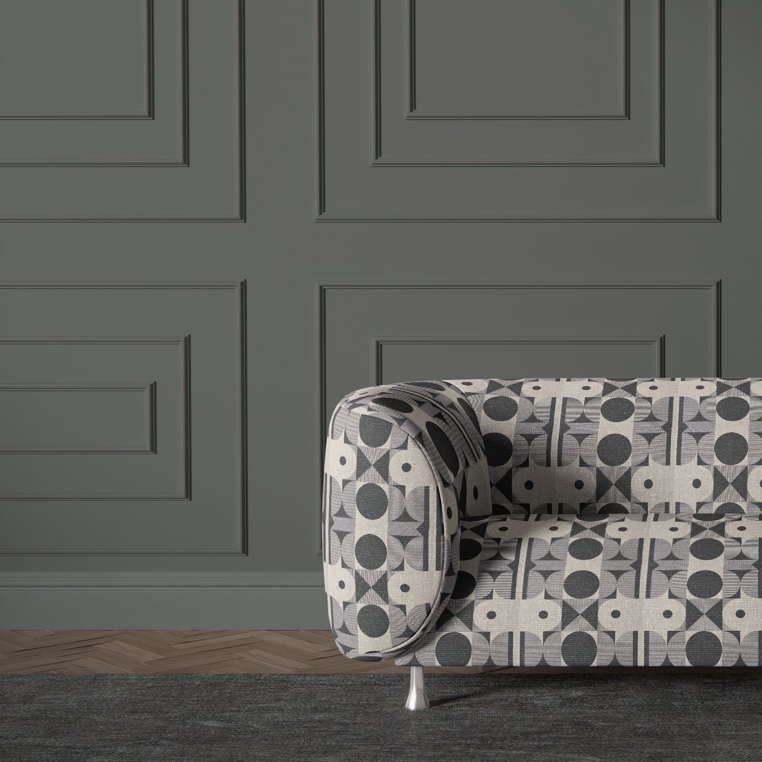Weimar No.12 fabric styled on modern accent chair in monochrome