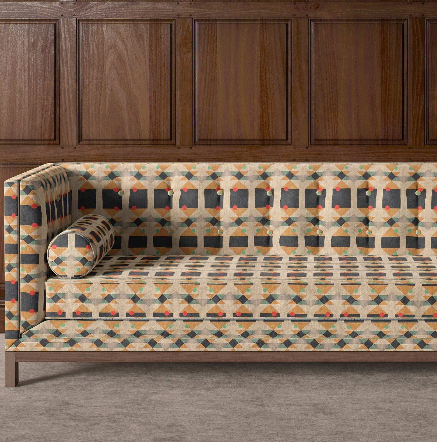 Upholstered sofa in beige and black modern fabric with coral and mint accents
