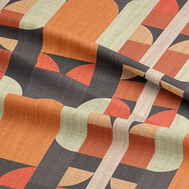 Close-up texture of Weimar No.2 fabric with orange columns and curved details