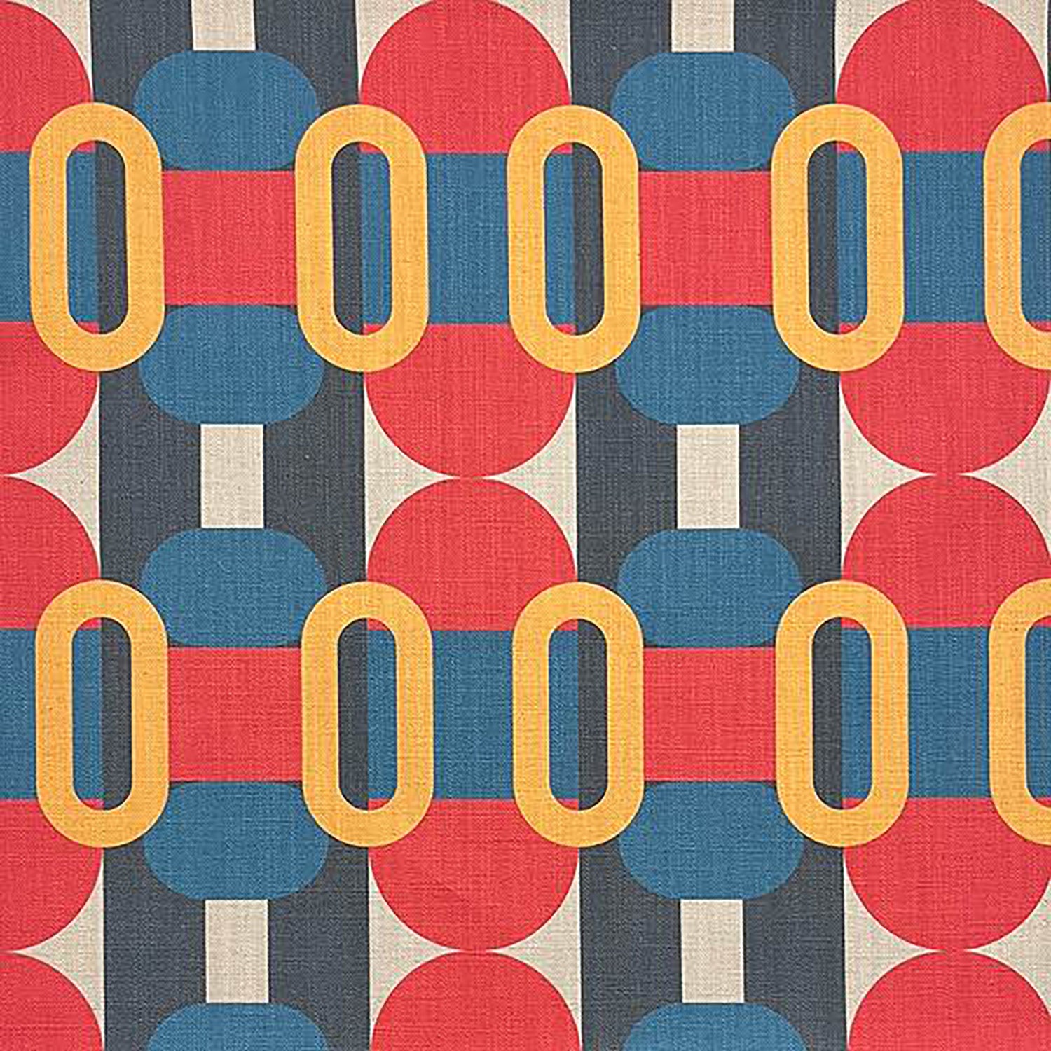 Blue and red Bauhaus-style upholstery fabric – Weimar No.5 flat lay