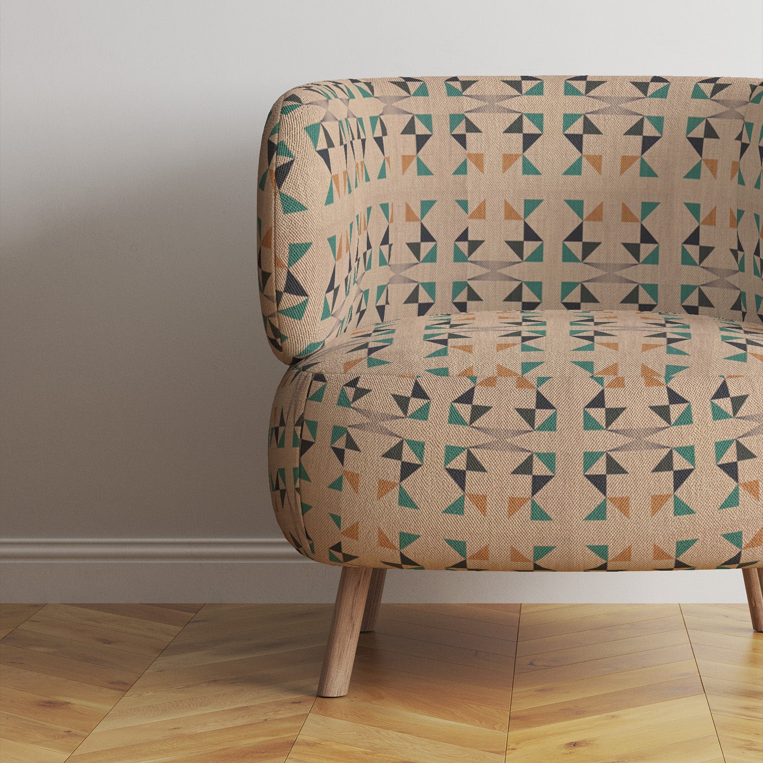 Armchair upholstered in Weimar No.8 beige fabric with green and ochre motifs