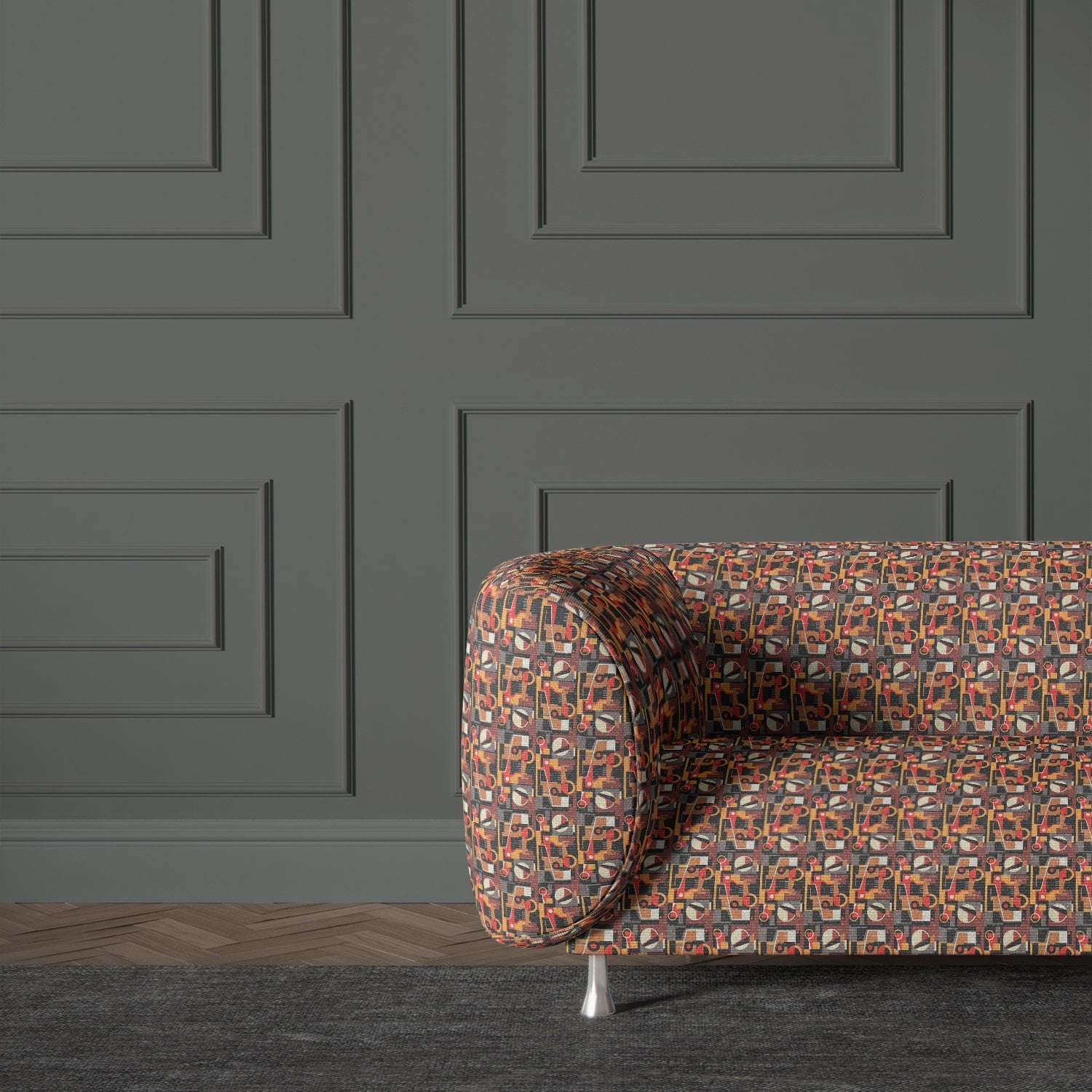 Armchair upholstered in Weimar No.9 – modernist orange and black pattern