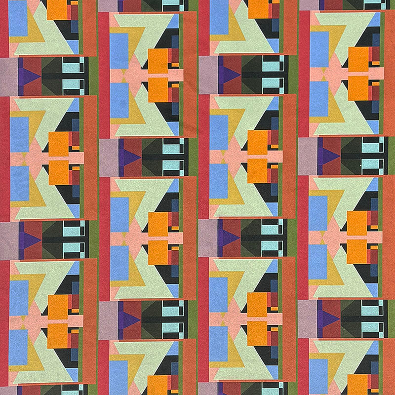 Weimar No.11 Crib5 velvet flat swatch with multicoloured architectural geometric pattern