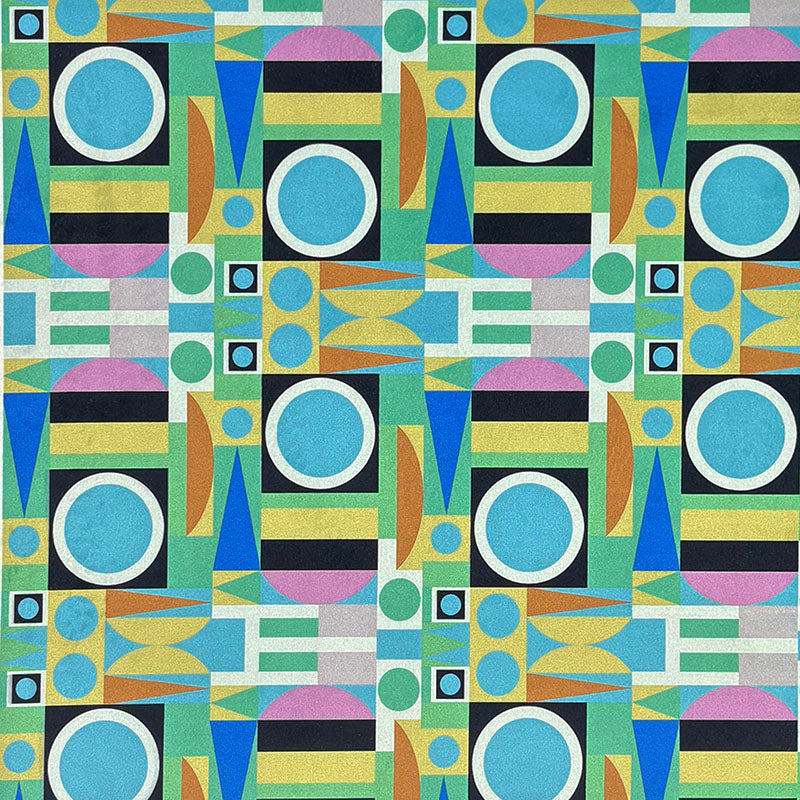 Weimar No.15 Crib5 velvet flat swatch with green blue and multicoloured Bauhaus geometric design