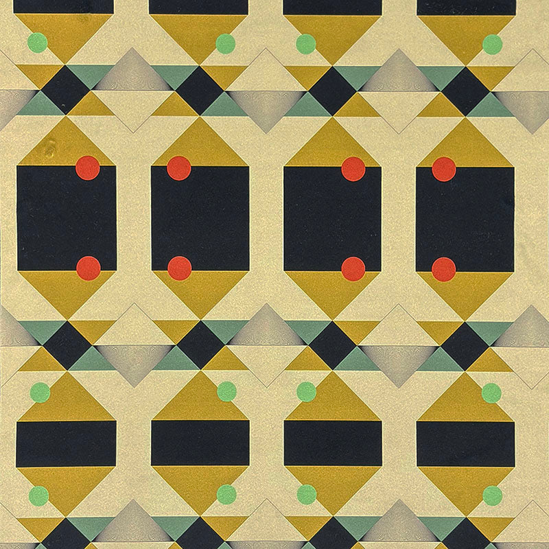 Weimar No.1 Crib5 velvet flat swatch with neutral gold and black Bauhaus geometric design