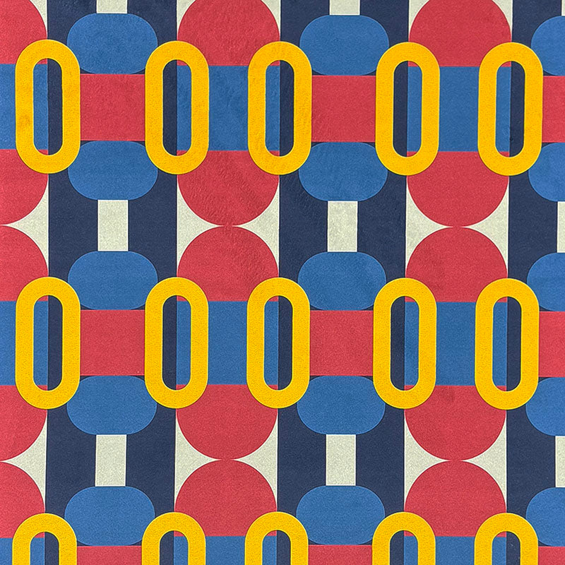 Weimar No.5 Crib5 velvet flat swatch with blue red and yellow geometric pattern