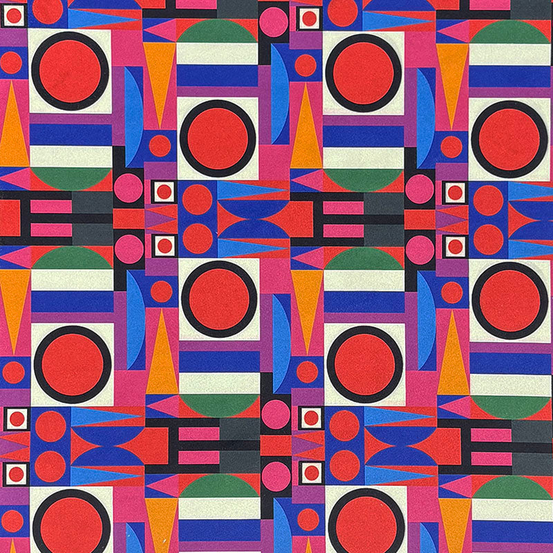 Weimar No.7 Crib5 velvet flat swatch with multicoloured Bauhaus geometric design