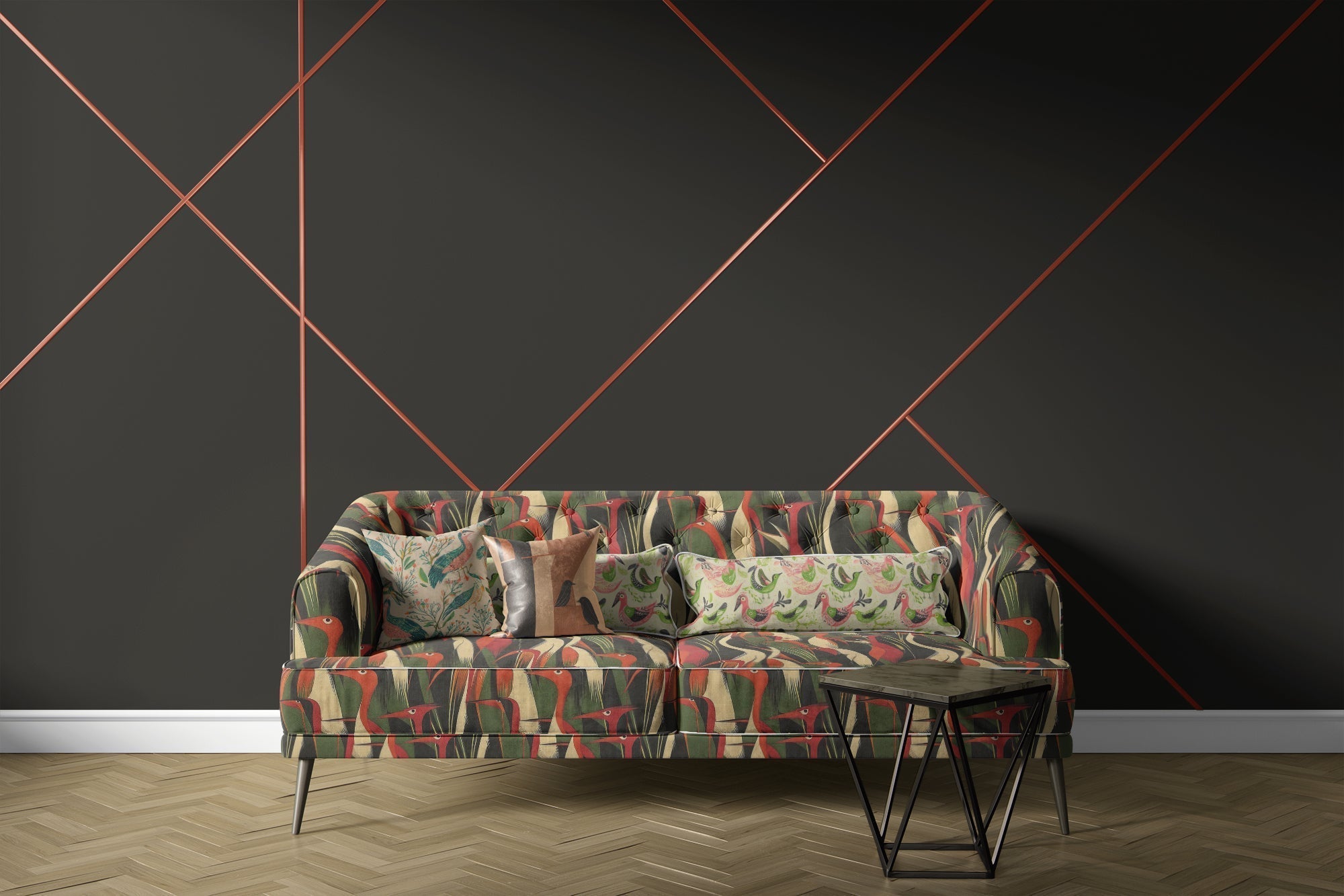 Modern interior styled with layered upholstery textures for depth and warmth.