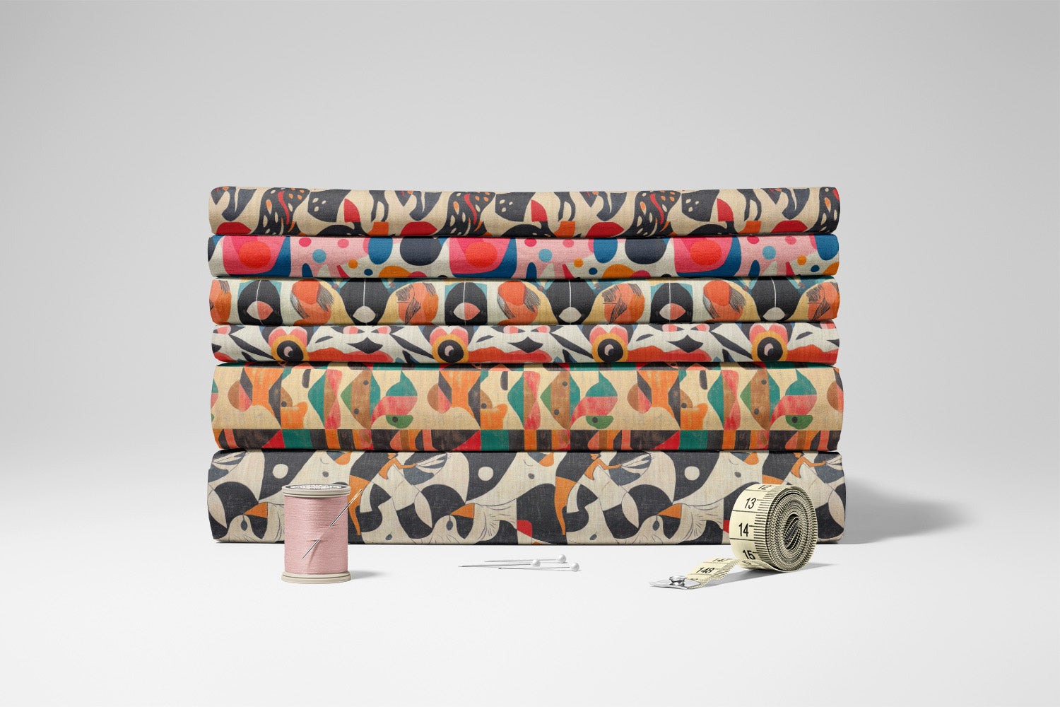 Mixed patterned upholstery fabrics styled together using colour scale and balance