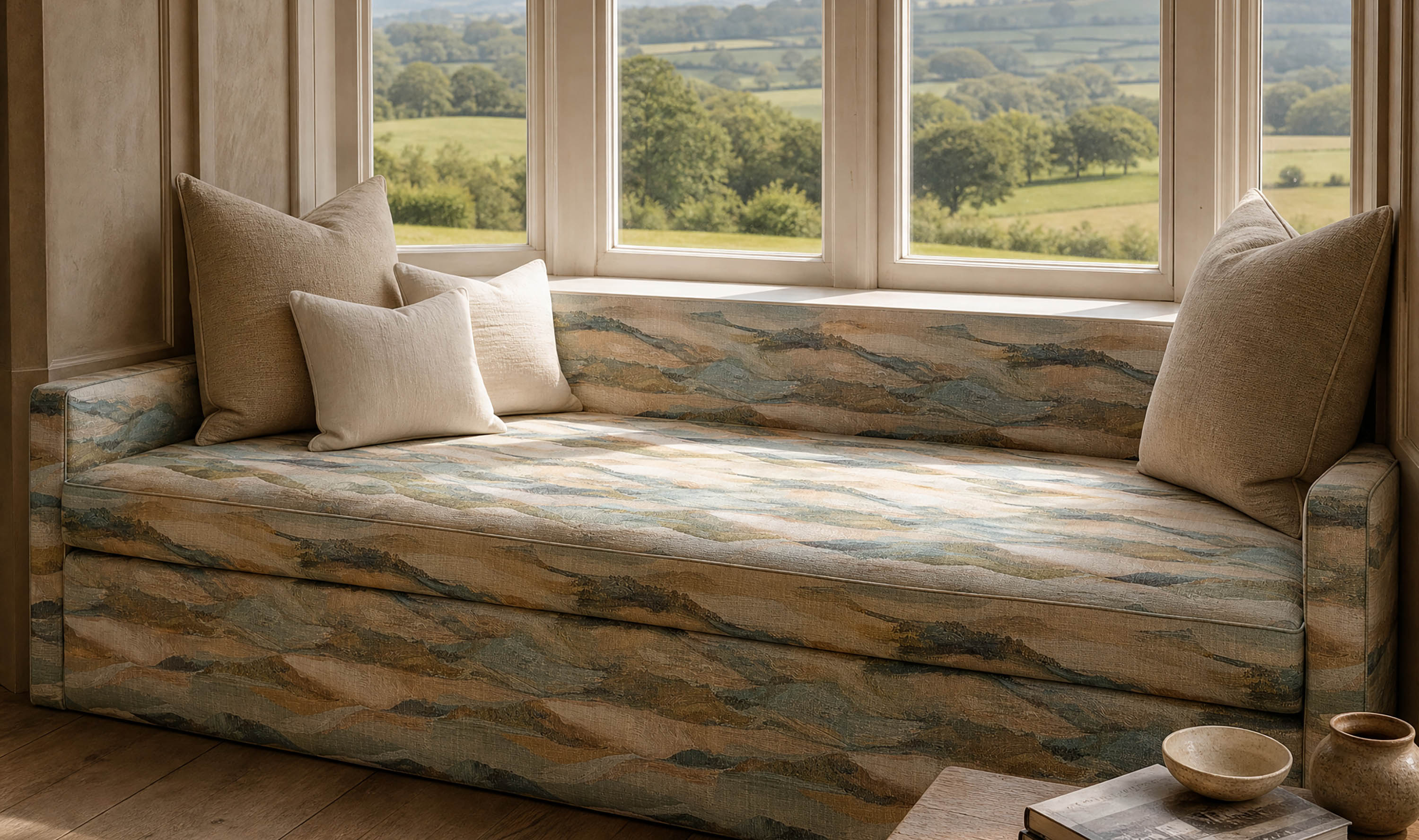Fauve abstract upholstery fabric collection with Matisse-inspired blue, green, orange and pink painterly designs