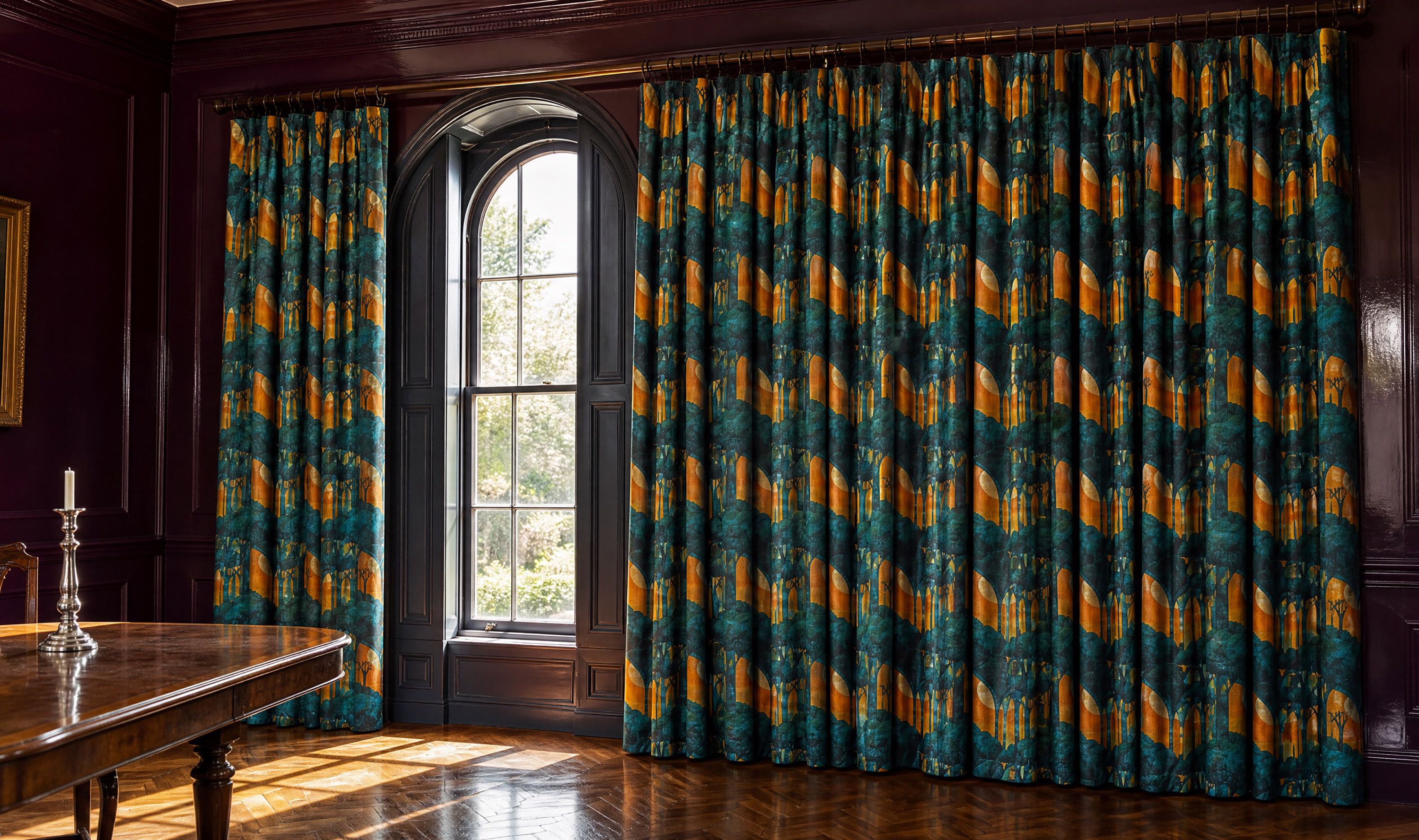 Figueres linen curtain fabric collection with surrealist landscape patterns in ochre, teal, blue and green tones